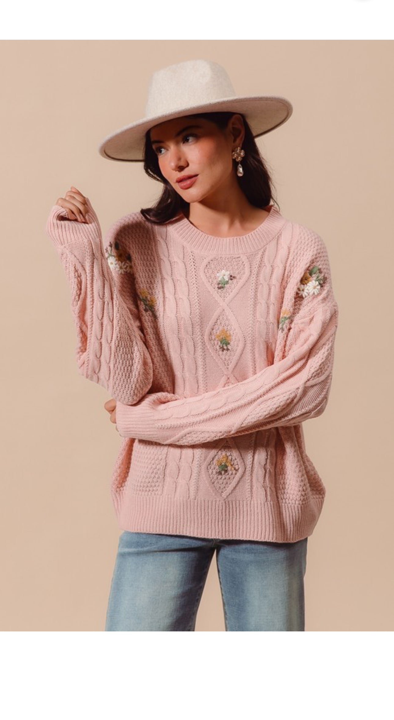 The Camilla light pink fancy floral lightweight sweater