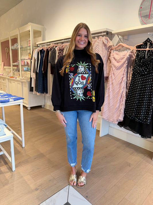 Queen Of Sparkles Black NYC Queen Card Mock Neck Sweatshirt
