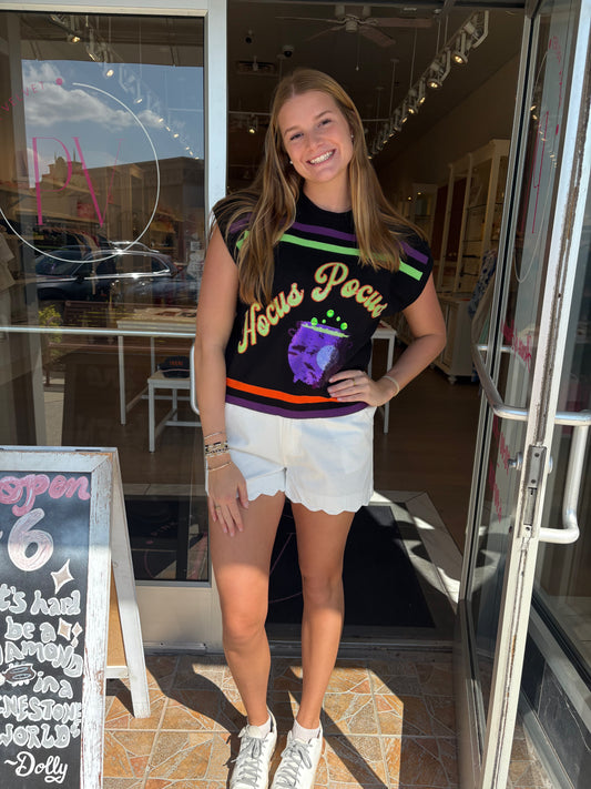 Queen Of Sparkles Black, Purple, Orange & Green Stripe
'Hocus Pocus' Top