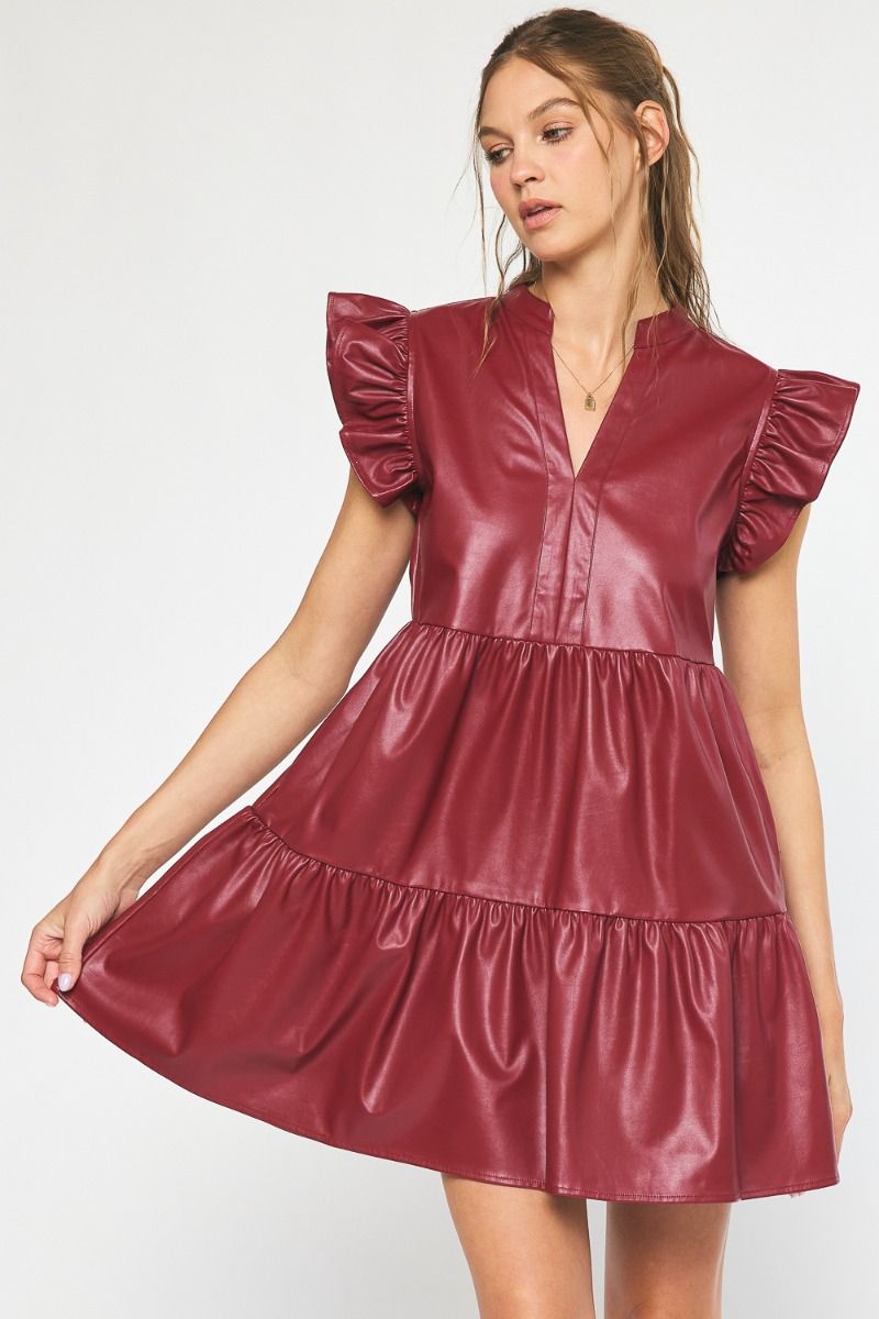 The Dakota Faux Leather Dress in Burgundy