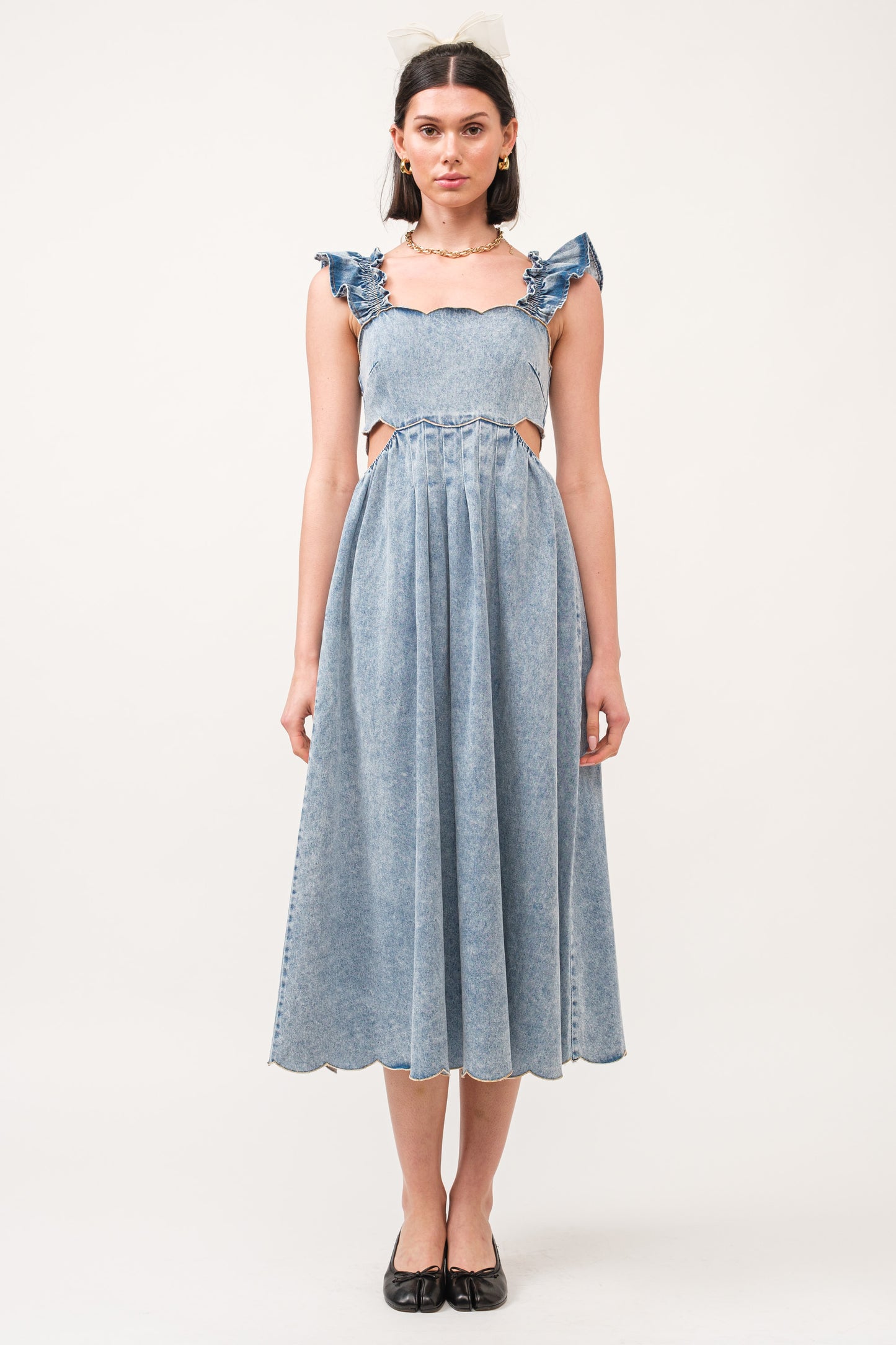 The Ashton Midi Dress in soft denim with scalloped edges