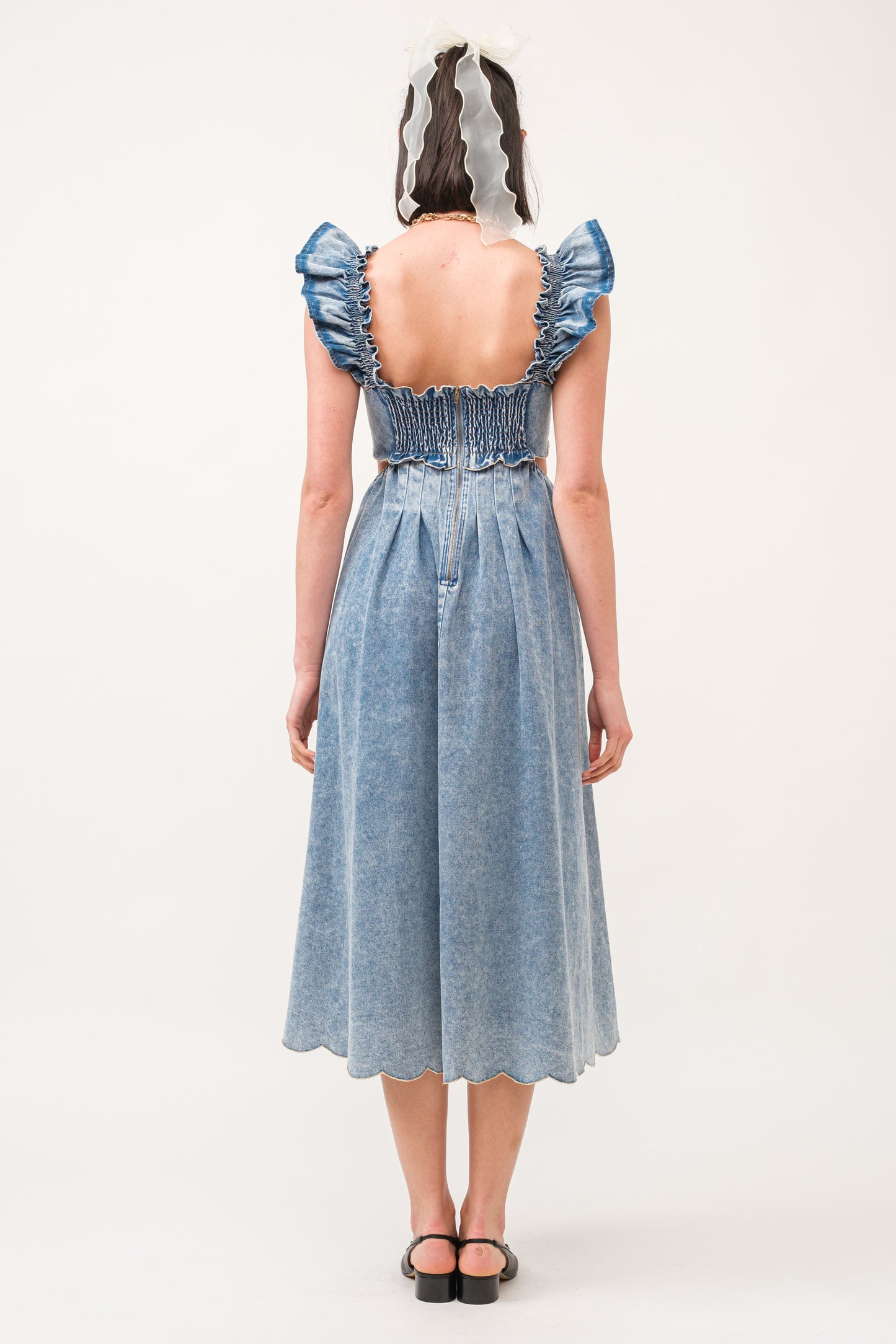 The Ashton Midi Dress in soft denim with scalloped edges