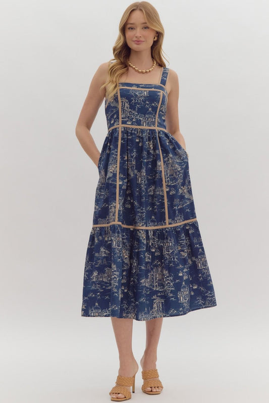 The Tricia Dress in Indigo Toile print