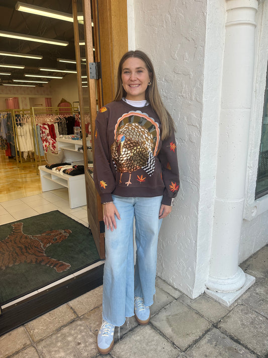 Queen of Sparkles Brown Turkey & Leaves Sweatshirtj