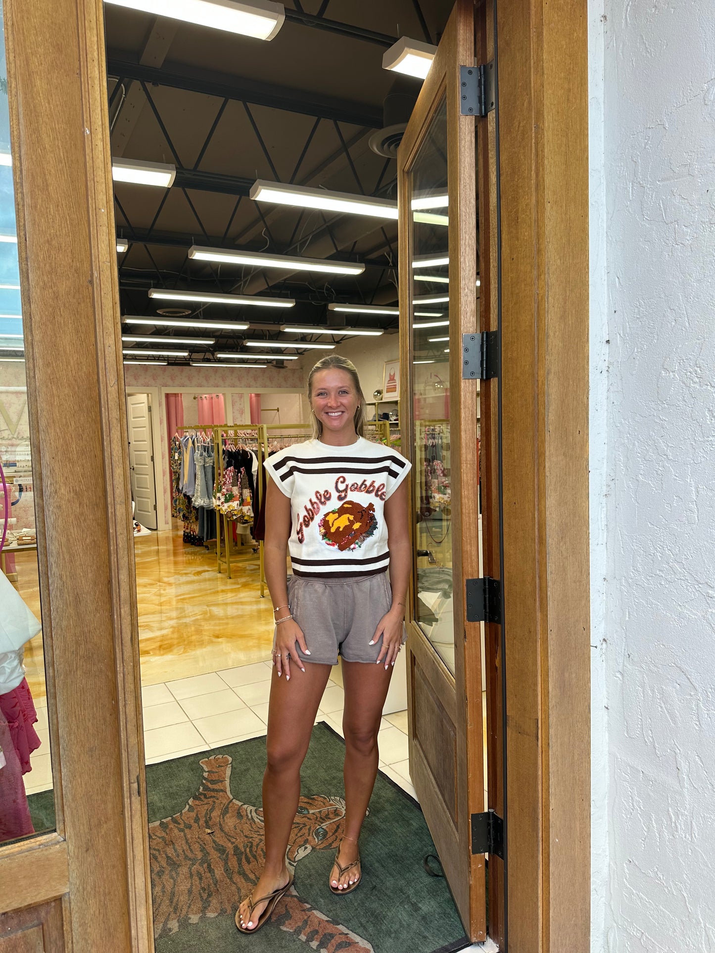 Queen Of Sparkles White & Brown Stripe 'Gobble' Short Sleeve sweater Top