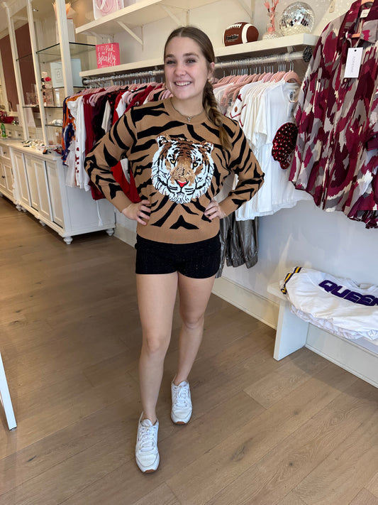 Queen Of Sparkles Tiger Print Tiger Head sweater