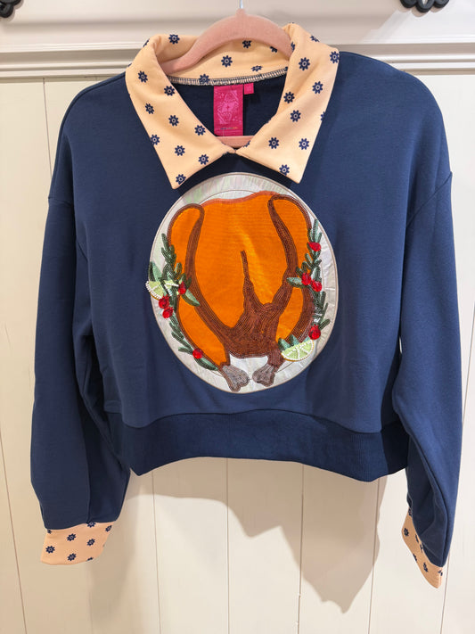 Queen Of Sparkles Navy Polkadot Collar Turkey Sweatshirt