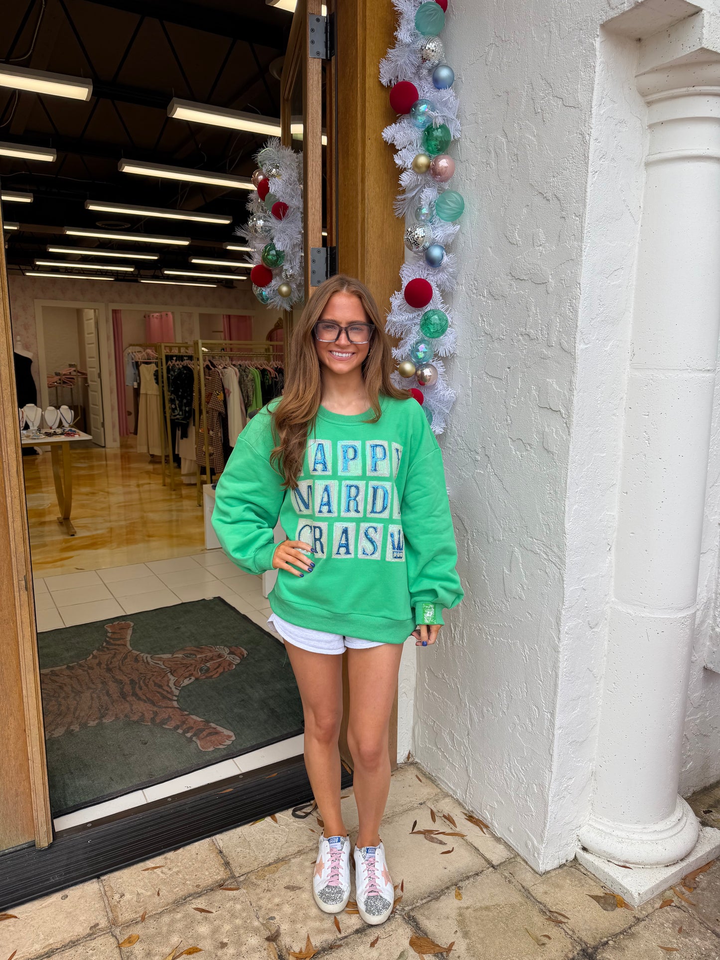 Queen Of Sparkles Green 'Happy Mardi Gras' Street Tile Sweatshirt