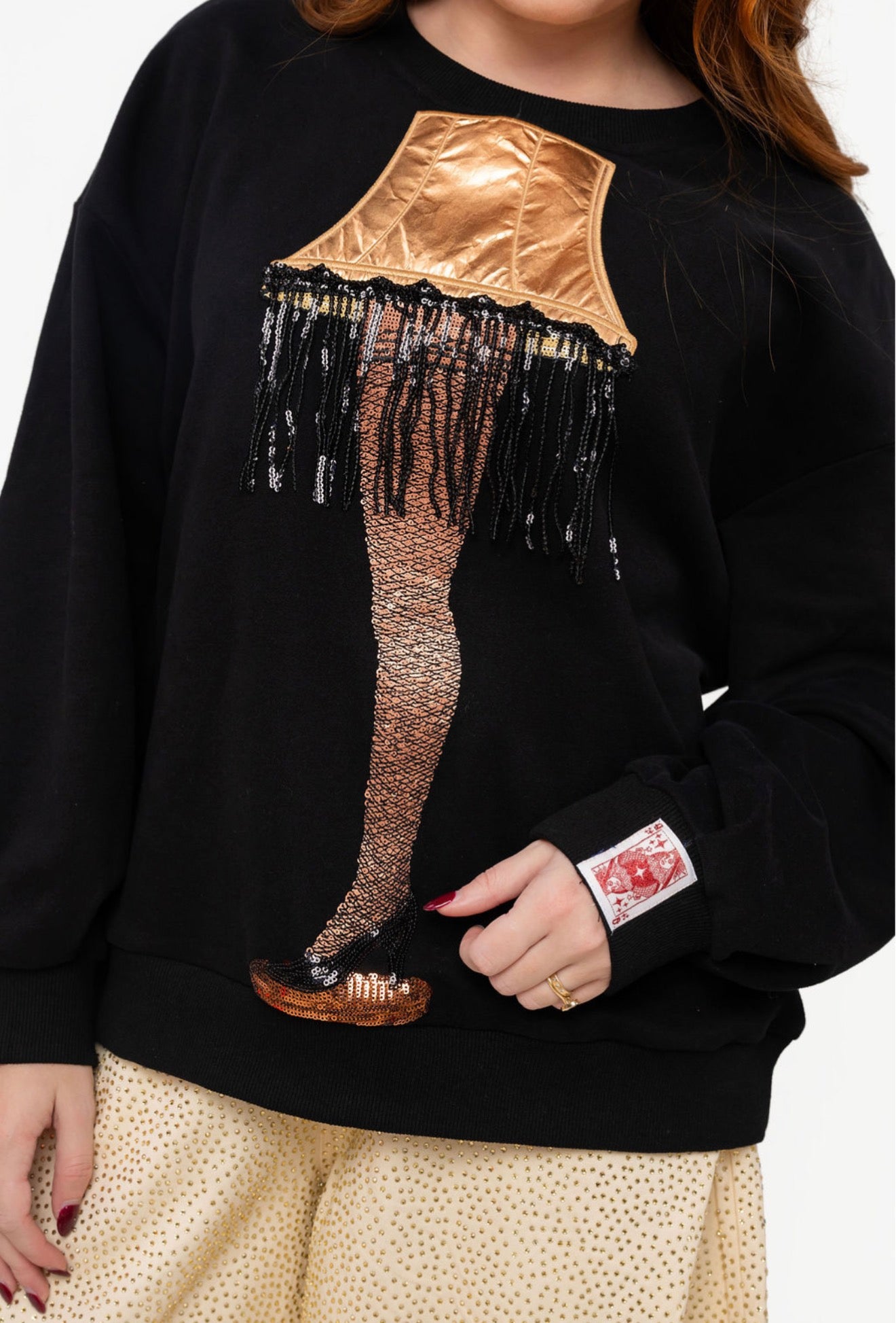 Queen of Sparkles The Christmas Story Licensed Black Sequin Metallic Leg Lamp with Fringe Sweatshirt
