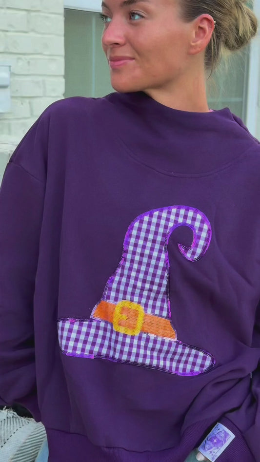 Queen Of Sparkles Dark Purple Gingham Witch Hat Mockneck Sweatshirt