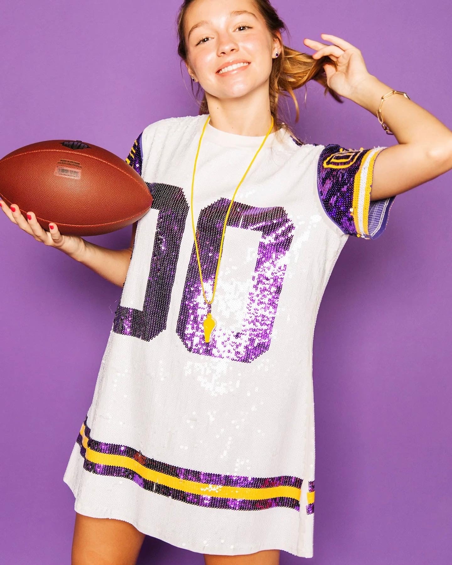 FULL SEQUIN JERSEY DRESS IN PURPLE/ WHITE/ GOLD